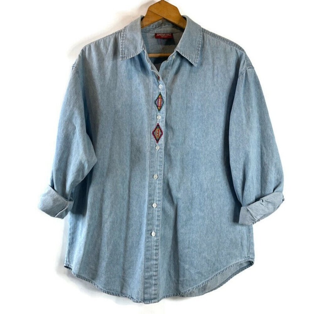 VTG American Eagle Outfitters Womens Denim Shirt Top Size Large Button Up Aztec